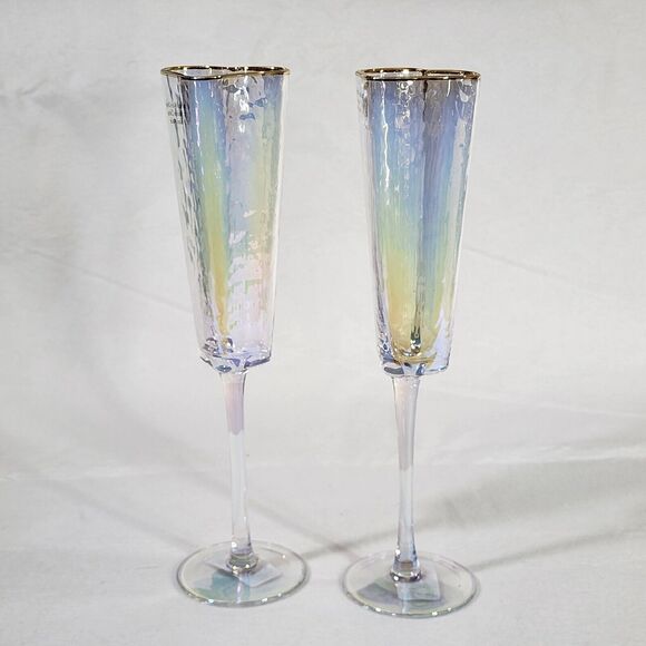 Heart Shape Gold Rimmed Iridescent Champagne Flute‎ Glass Drinkware 5oz Set Of 2 - Picture 16 of 16